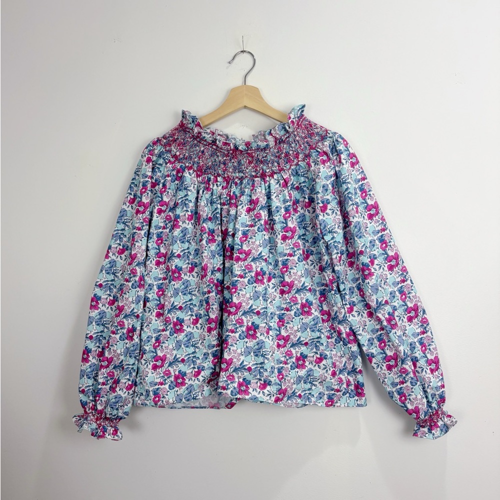 Euc Loretta Caponi smocked long sleeve blouse XS